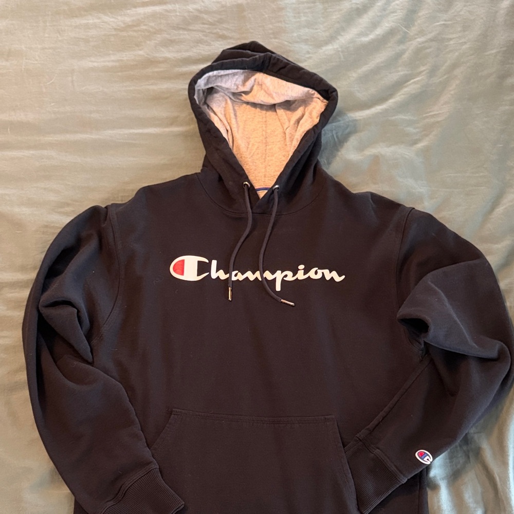 Champion Black Hoodie with White Script and Red Logo